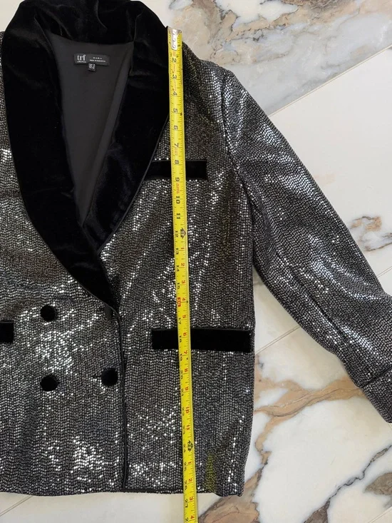 ZARA TRF Sequin Blazer Velvet Collar Black Silver Party Jacket Size M - Picture 4 of 8